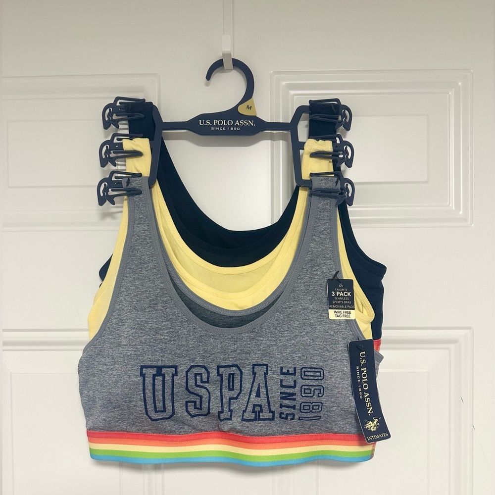 U.S. POLO ASSN - 3 Pack Seamless Sports Bras W removable Pads (Wire / Tag Free)